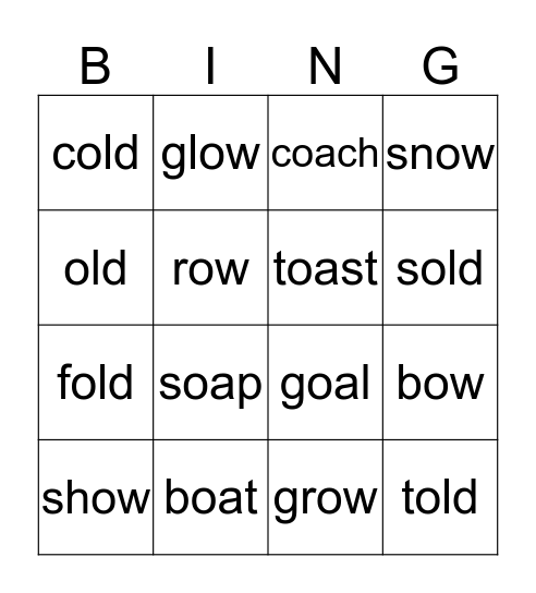 oa, ow and -old Bingo Card