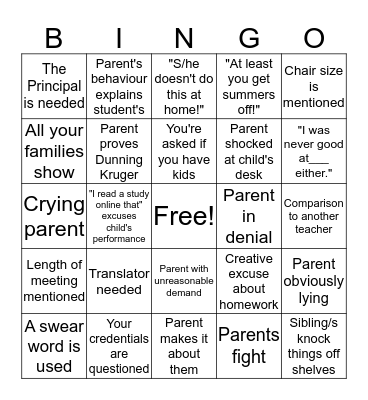 Parent Teacher Conference Bingo Card