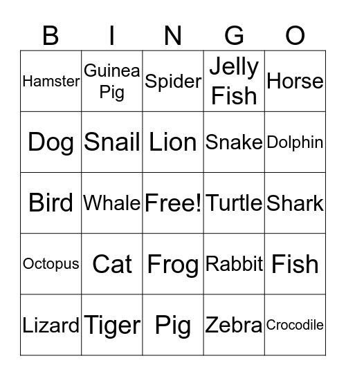 Animals Bingo Card