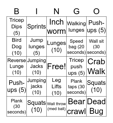 Fitness Bingo Card