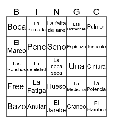 Medical Spanish Bingo Card