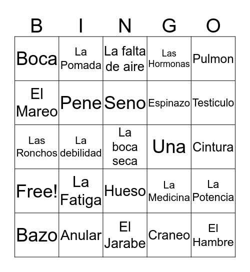 Medical Spanish Bingo Card