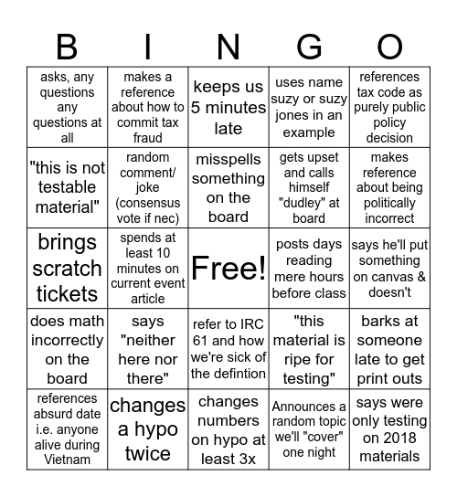 Fed Income Fun Bingo Card