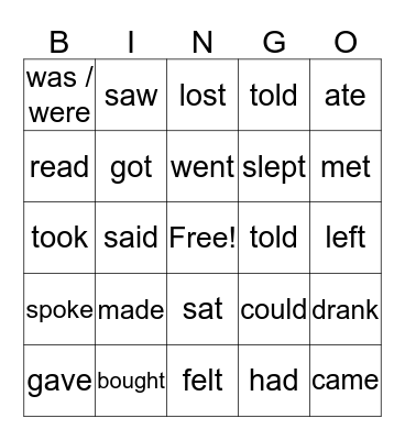 Irregular verbs Bingo Card