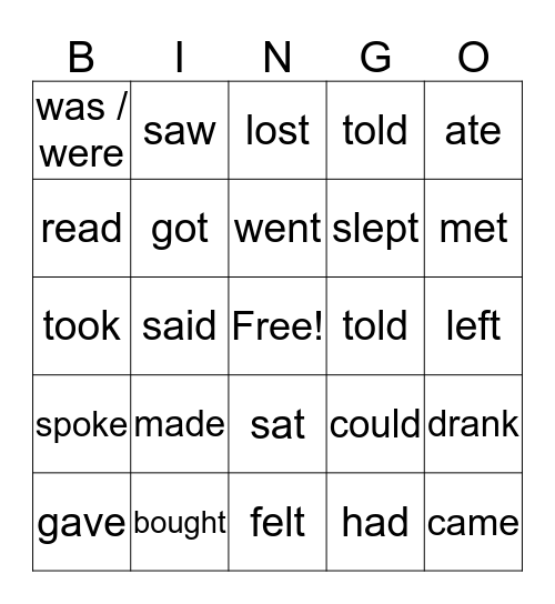 Irregular verbs Bingo Card