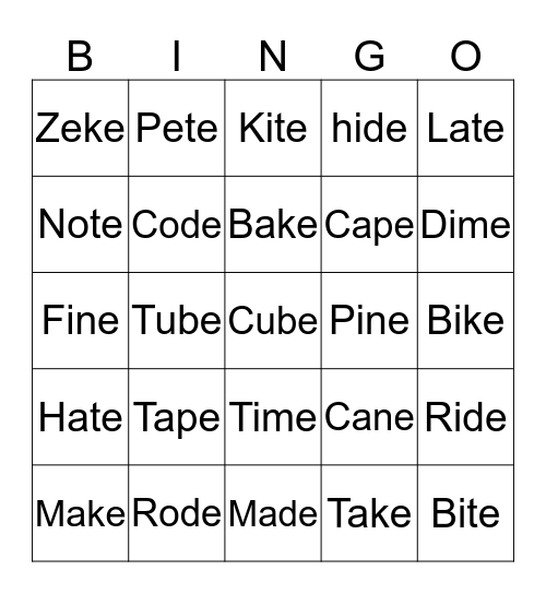 MAGIC "E" BINGO Card