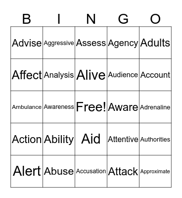 Safety Words Bingo Card