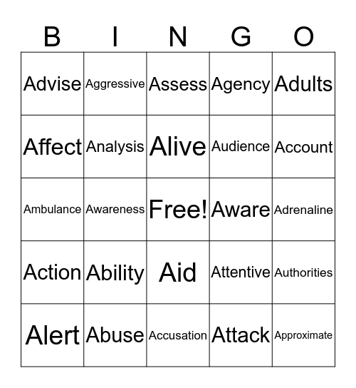 Safety Words Bingo Card