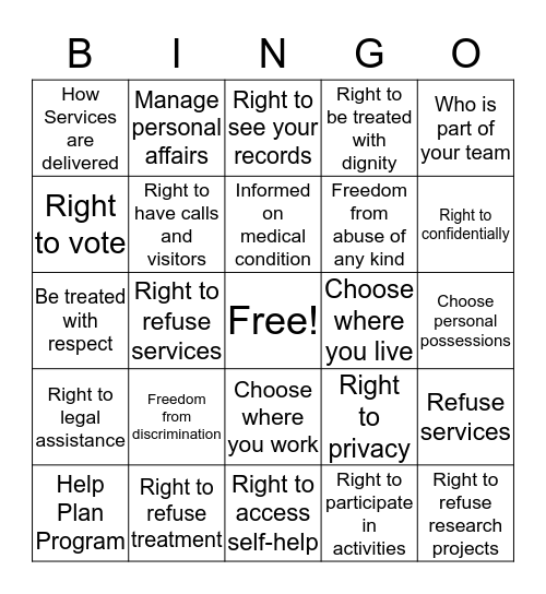 Individual Rights Bingo Card