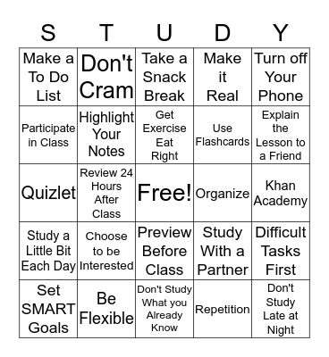 STUDY SKILLS BINGO Card
