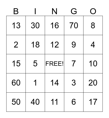 Number Bingo Card