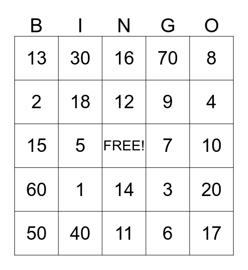 Number Bingo Card