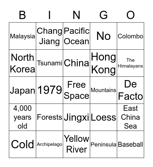 East Asia Bingo Card