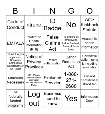 Corporate Compliance Bingo Card