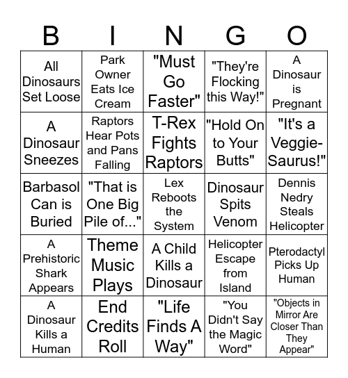 Jurassic Park Bingo Card
