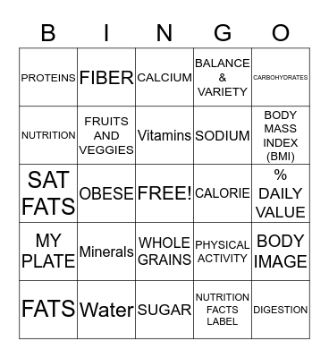 6TH GRADE NUTRITION Bingo Card