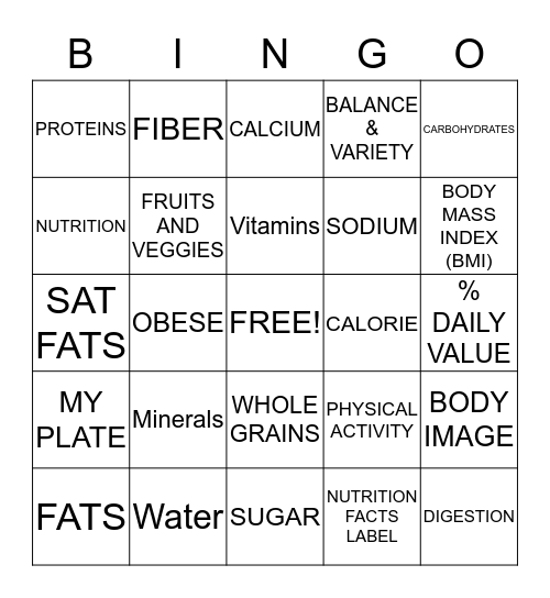 6TH GRADE NUTRITION Bingo Card