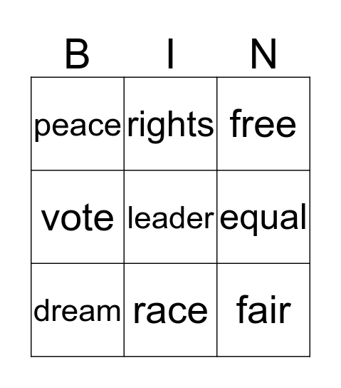 Martin Luther King, Jr. Vocabulary  Bingo Card