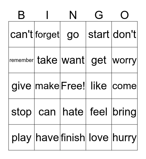 Verbs Bingo Card