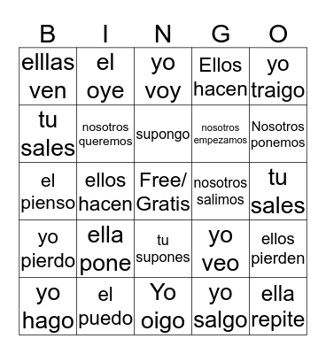 Go Verbs and Stem Changing Verbs Bingo Card
