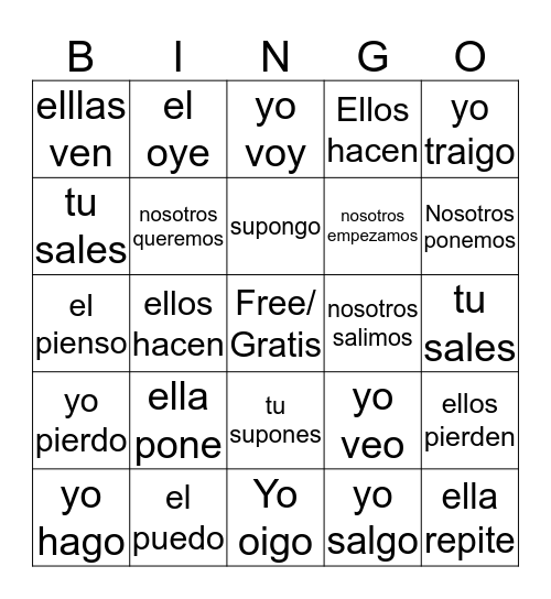 Go Verbs and Stem Changing Verbs Bingo Card