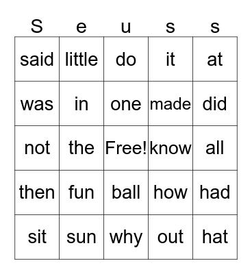 Cat in the Hat Bingo Card