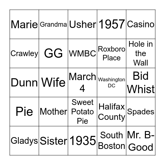 Gladys Bingo Card