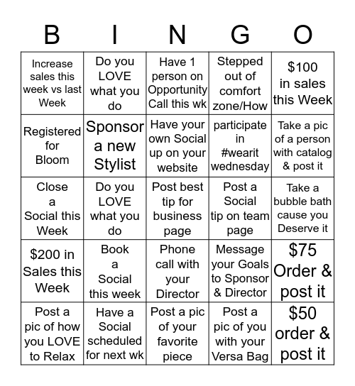 SnapItChic Team Weekly BINGO Card