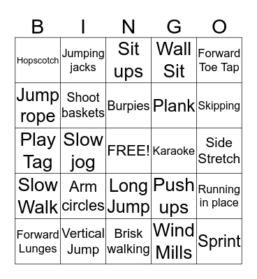 Physical Fitness Bingo Card