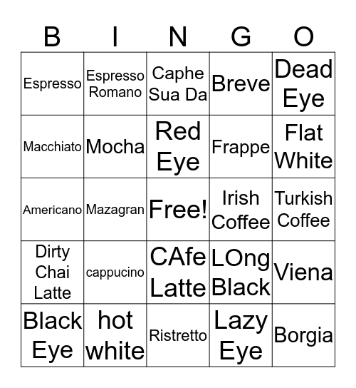 Different KInds of Coffee Bingo Card