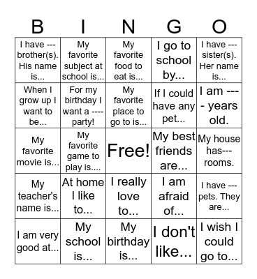 "Getting to know you" Bingo Card