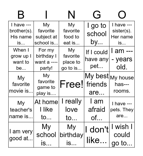 "Getting to know you" Bingo Card