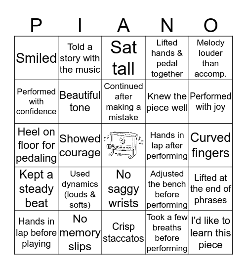 Festival Piano Prep Party Bingo Card