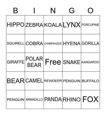 WILD ANIMALS Bingo Card