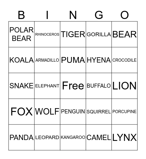 WILD ANIMALS Bingo Card