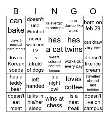 Students Bingo Card