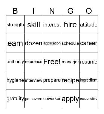 Vocabulary Bingo Card