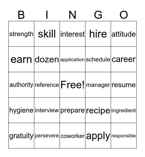 Vocabulary Bingo Card