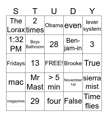 Study Hall Bingo Card