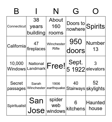 Winchester House Bingo Card