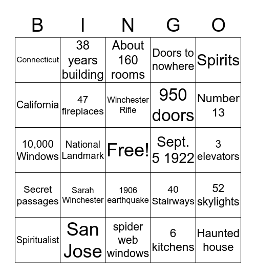 Winchester House Bingo Card