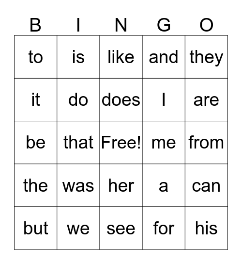 Sight Word Bingo Card