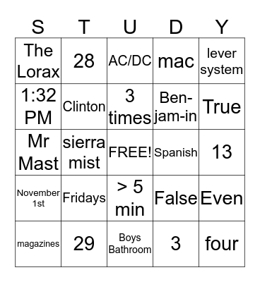 Study Hall Bingo Card