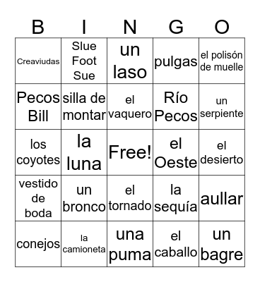 Pecos Bill Bingo Card