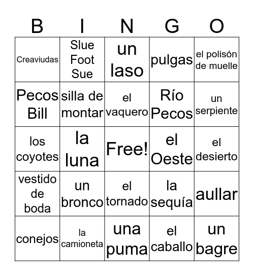 Pecos Bill Bingo Card