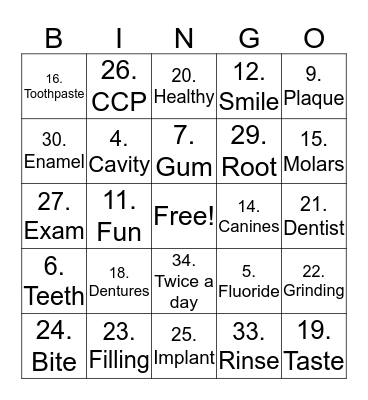 Dental Hygiene Bingo Card