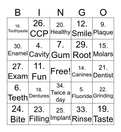 Dental Hygiene Bingo Card