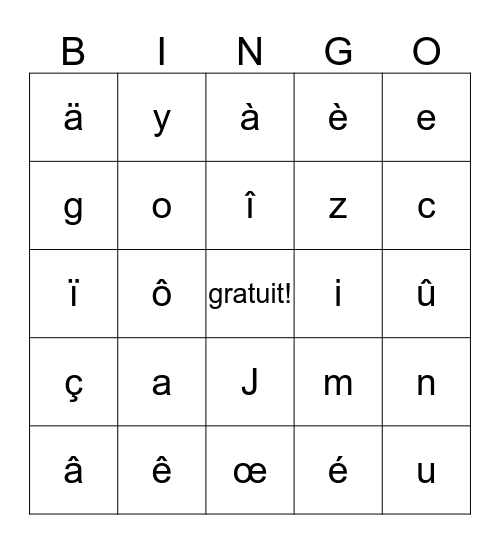 L'alphabet et les accents Bingo Card