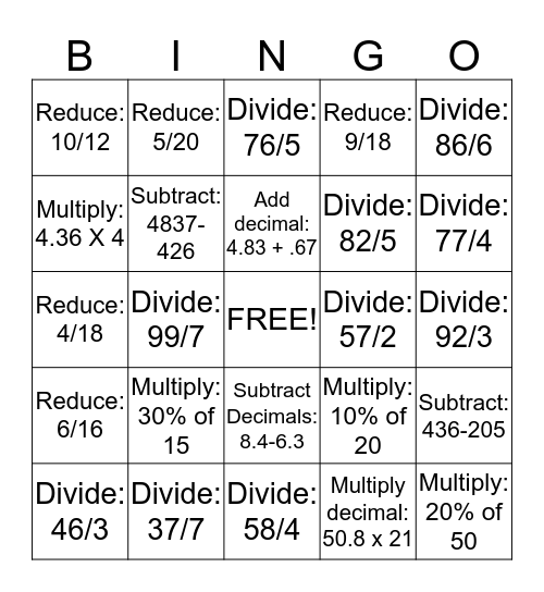 Math Bingo  Bingo Card