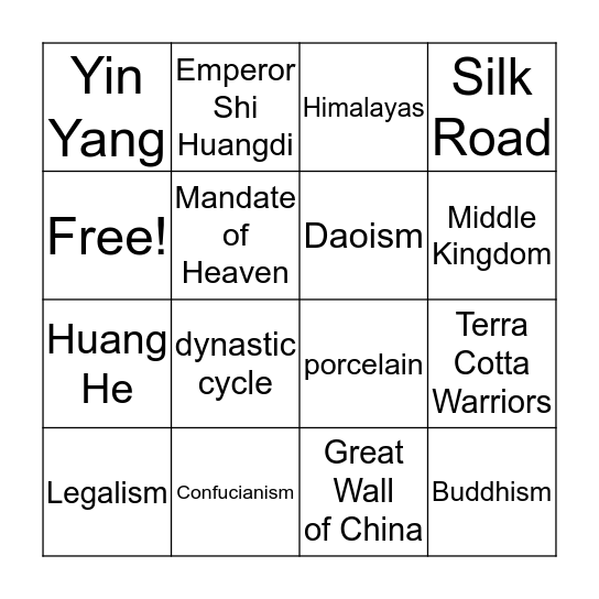 Ancient China Vocabulary BINGO Card